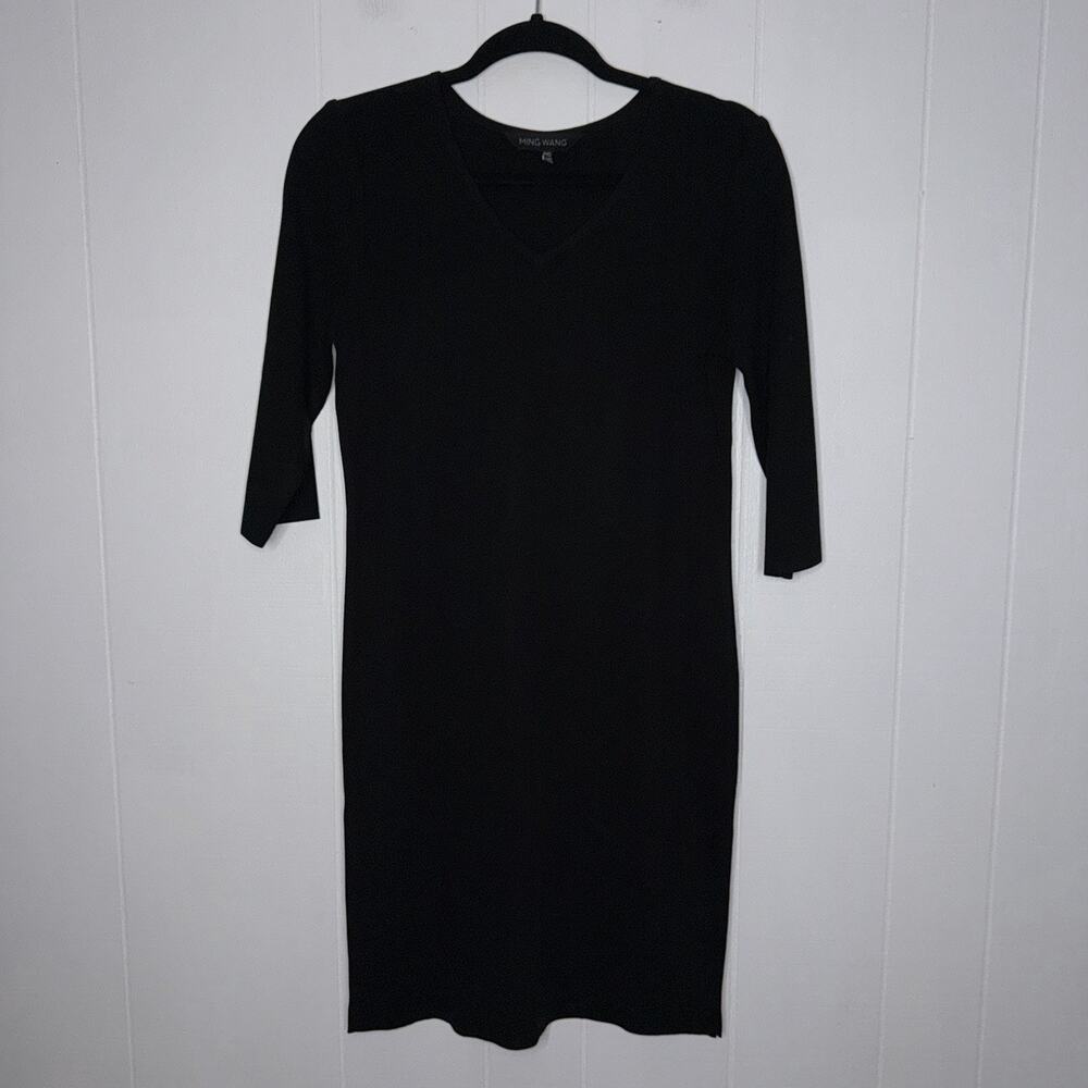 Ming Wang Women’s Black Knit Mini Dress V Neck Size PXS